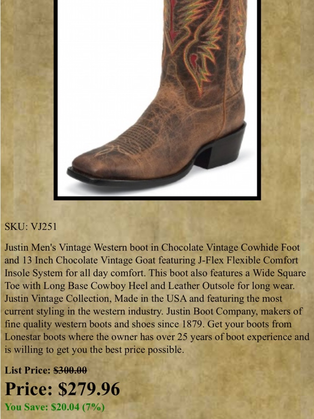 Justin’s Vintage Western Boot Style VJ251 - Picture 7 of 7